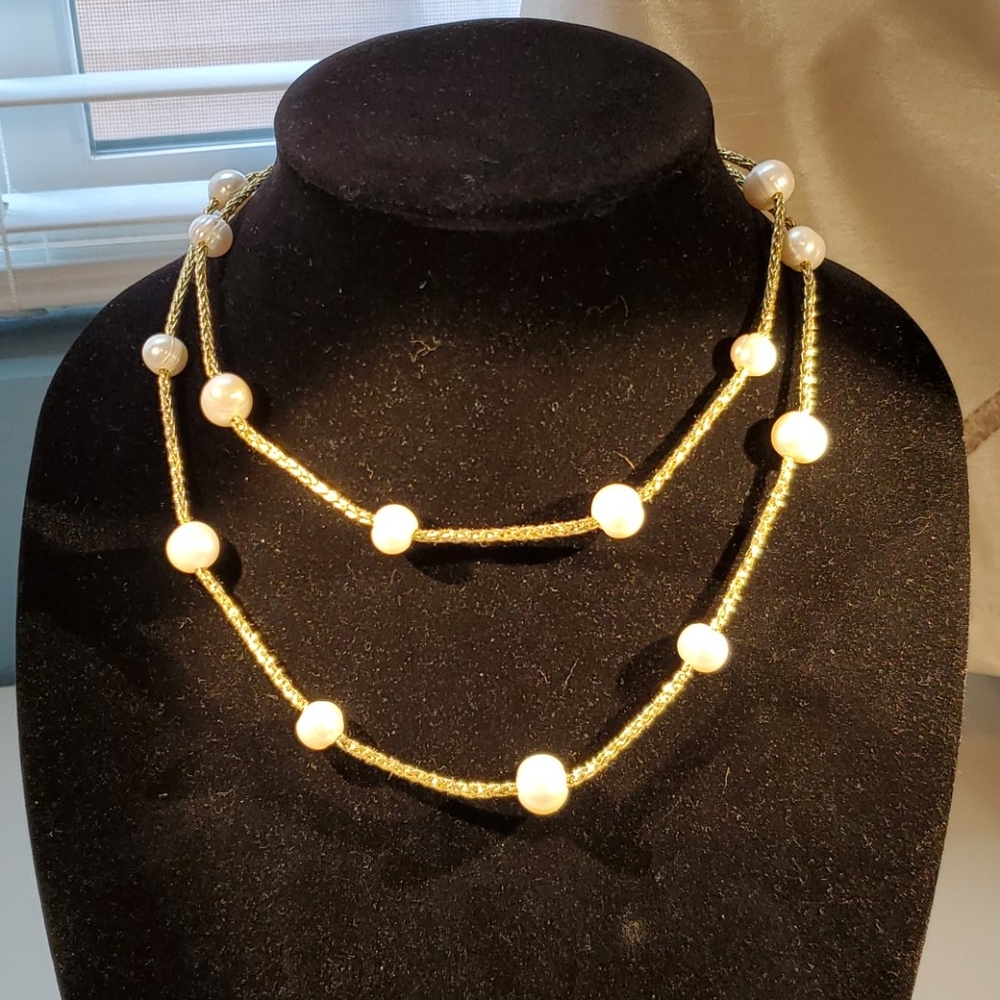 Large diameter faux pearls on  braided gold chord